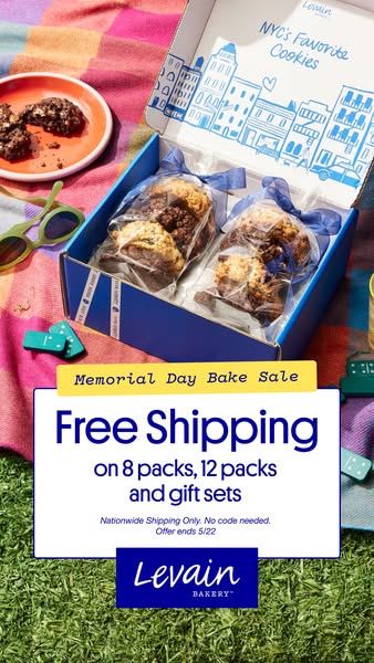 This image ad for Levain Bakery promotes free shipping on 8 packs, 12 packs, and gift sets for a limited time.