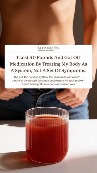 This ad presents a testimonial from Mona Sharma, who lost 40 pounds and got off medication by treating her body as a sys