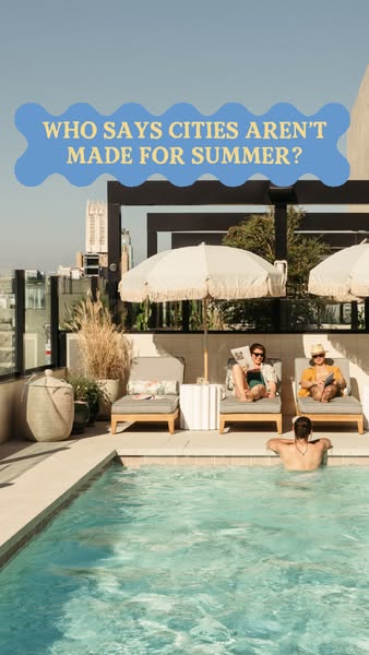 This ad features a rooftop pool scene with people relaxing in a city setting. The ad uses a question to hook the audienc