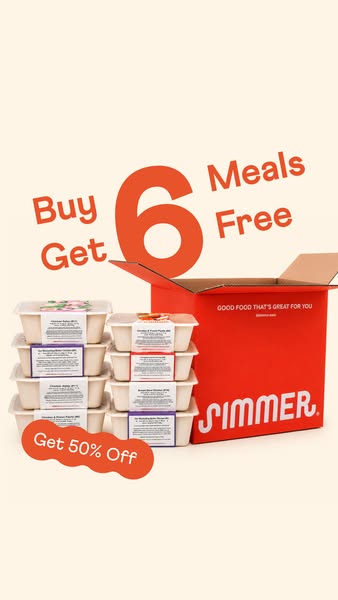 An image ad promoting Simmer, a prepared meal delivery service, with an offer to get 6 free meals and 50% off. The ad fe