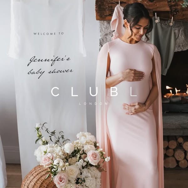 This image ad for Club L London features a pregnant woman at her baby shower, likely wearing a dress from the brand.