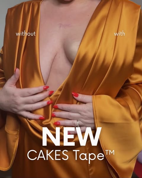 The image ad shows a woman wearing a plunging neckline dress. The image uses a split screen to show her chest without an