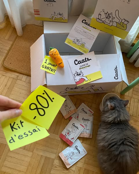 This ad shows a trial kit for the brand Caats, designed to entice cat owners with an attractive 80% discount and a free 