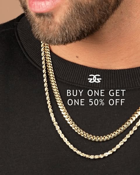 This ad showcases two gold chains with an offer for a discount on the second chain.
