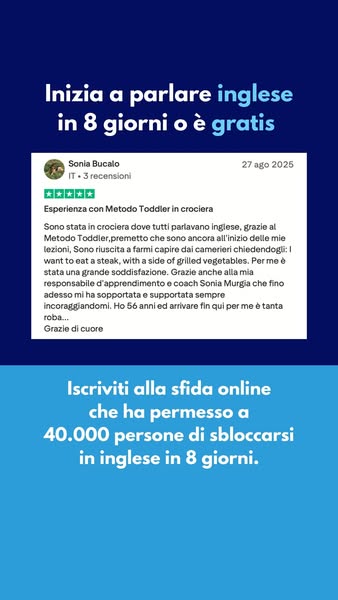 This ad promotes an online challenge that helps people unlock their English language skills in 8 days. It features a tes