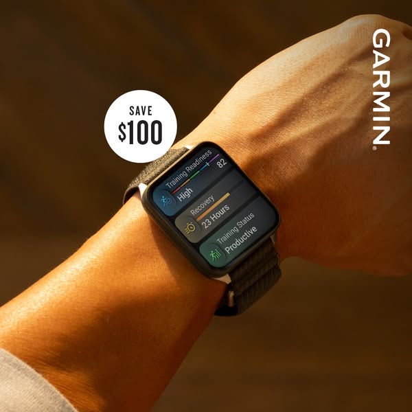 This ad showcases a Garmin smartwatch worn on a person's wrist. The watch display shows fitness tracking metrics suc
