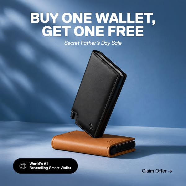 This image ad promotes a 'Buy One Get One Free' offer on smart wallets for Father's Day. The ad features a b