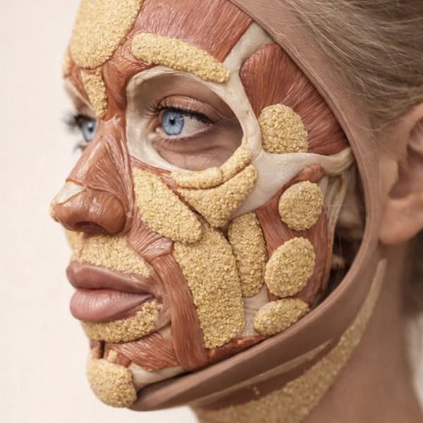 The ad uses an anatomical view of a woman's face to highlight a subcutaneous layer comprised of fat cells and muscle
