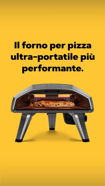 This ad showcases the Ooni pizza oven, highlighting its portability and performance in making authentic pizza.