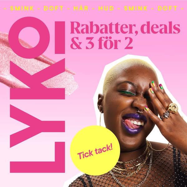 This Lyko image ad is promoting deals on makeup, fragrance, and hair and skin products. The ad features a woman with bri