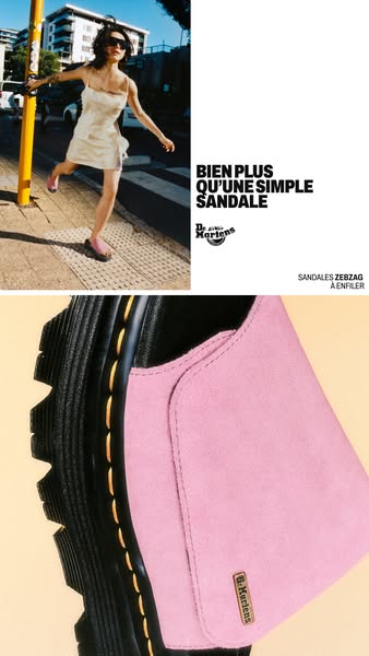 This ad features a woman wearing Dr. Martens sandals on a city street and a close-up of the product, alongside the tagli