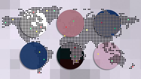 This ad features an image of a world map dotted with cities, with several overlaid colored circles representing countrie