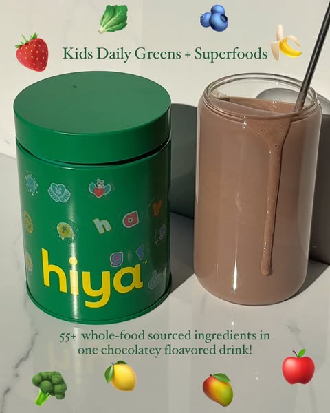 A still shot promotes Hiya Kids Daily Greens + Superfoods. The brand displays its product with a smoothie ready to drink