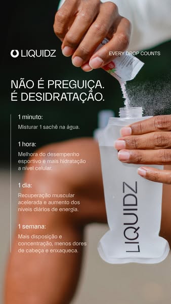 This ad promotes Liquidz hydration drink mix. It highlights the benefits of the drink mix over different time periods, f