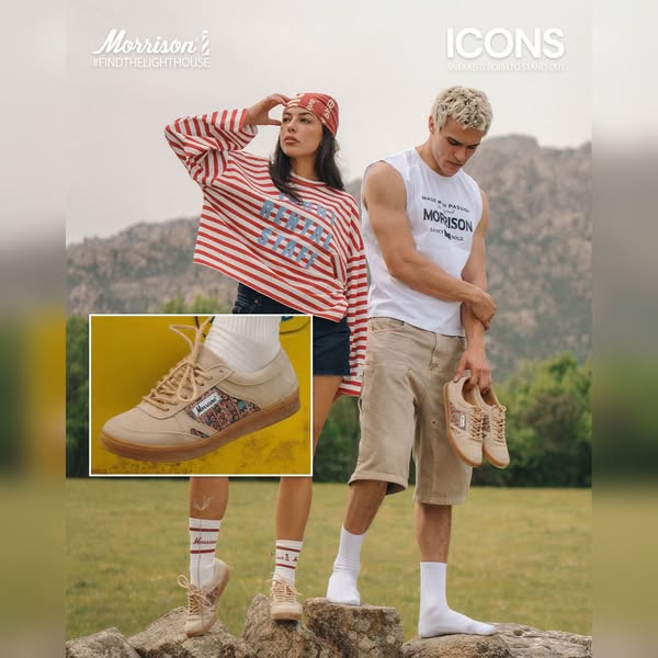 This ad features two young adults standing on rocks with a mountainous background. The ad promotes Morrison shoes and im
