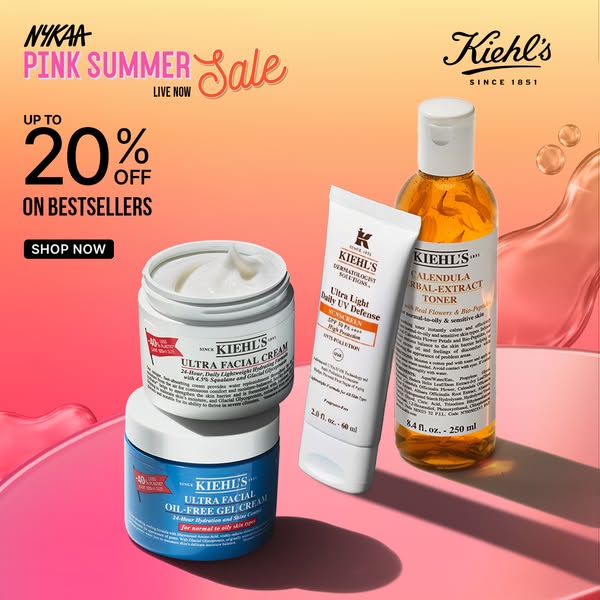 This image ad promotes Kiehl's skincare products as part of the NYKAA Pink Summer Sale. It features stacked Kiehl
