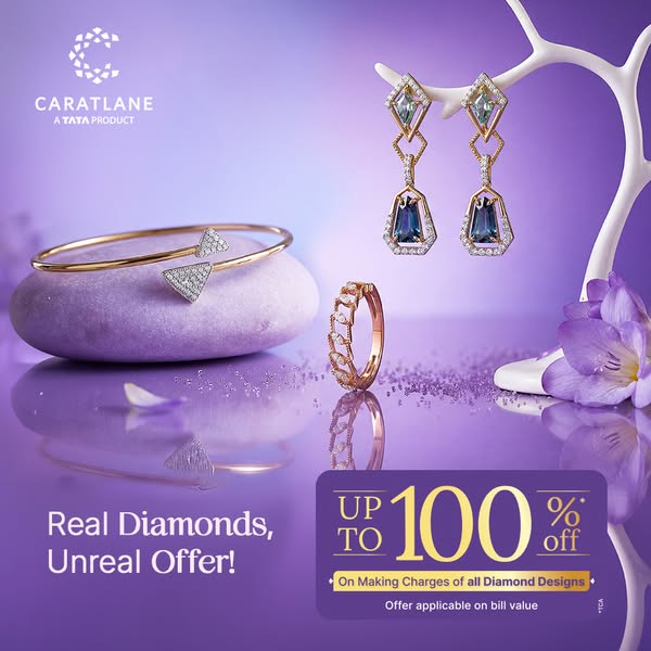 This ad showcases a range of diamond jewelry from CaratLane, including earrings, a bracelet, and a ring. The ad highligh