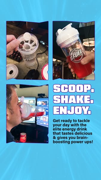 An ad showing the process of preparing a G FUEL energy drink, emphasizing its ease and appeal to gamers.