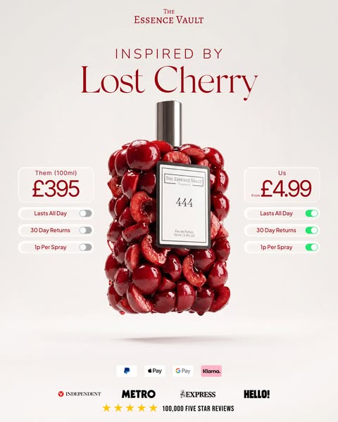 This ad compares the price of The Essence Vault's 444 fragrance, which is inspired by Lost Cherry, to a competitor&#