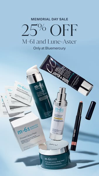 This image ad features skincare and makeup products from the brands M-61 and Lune+Aster. The ad promotes a Memorial Day 