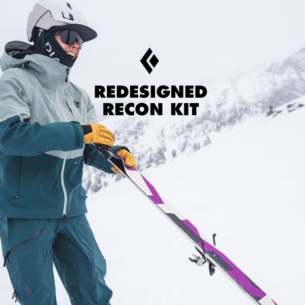 This ad showcases the redesigned recon kit from Black Diamond. The ad features a person in a snowy mountain landscape, w