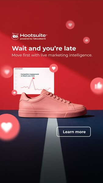 This ad promotes Hootsuite as a solution to being late with marketing intelligence. It uses an image of a shoe on a path