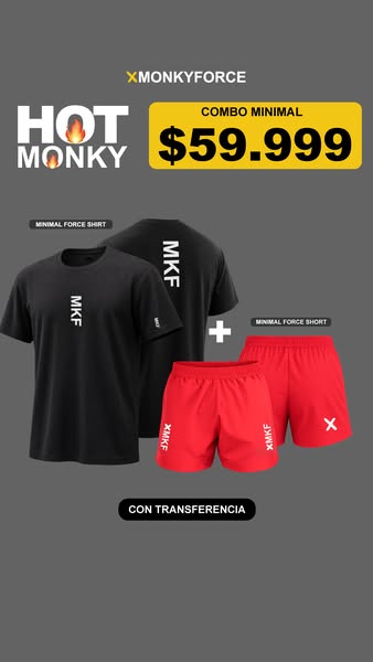 Ad for MONKYFORCE minimal combo featuring a t-shirt and shorts. It displays the product, price, and payment method.