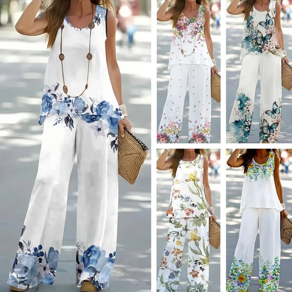 This ad features a collage of a woman in a white floral two-piece outfit, shown alongside other variations of the same o