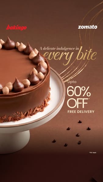 This image ad showcases a chocolate cake from Bakingo, available for delivery through Zomato, with an offer of up to 60%