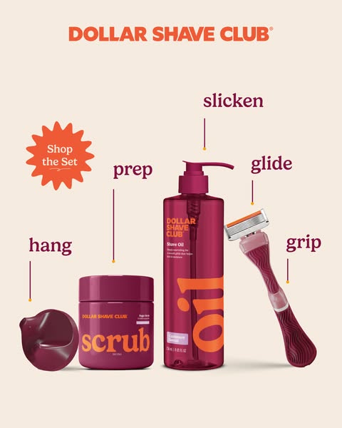A product display ad from Dollar Shave Club featuring a shave set with scrub, shave oil, and a razor. The ad highlights 