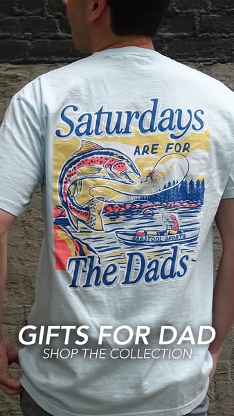 An ad for Barstool Sports highlighting their collection of gift ideas for Father's Day, as shown on a t-shirt. The t