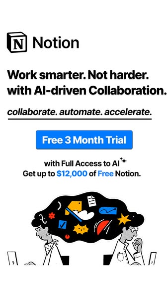 This ad for Notion promotes its AI-driven collaboration features and offers a free 3-month trial with full access to AI+