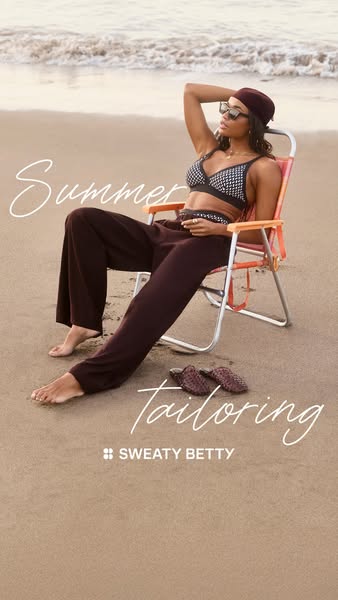 This ad features a Black woman wearing Sweaty Betty brand clothing on a beach. She's wearing a matching bikini top a