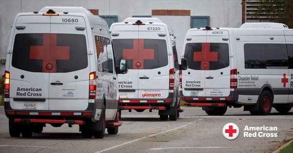 The ad is for the American Red Cross and it shows a fleet of vehicles.