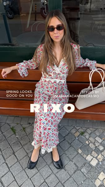 An image ad featuring a woman in a floral dress sitting on a bench. The ad promotes RIXO, with text overlay that says, “