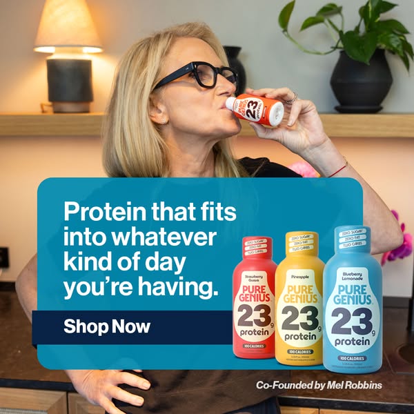This image ad showcases Pure Genius protein drinks as a convenient addition to any lifestyle. The ad features a woman dr