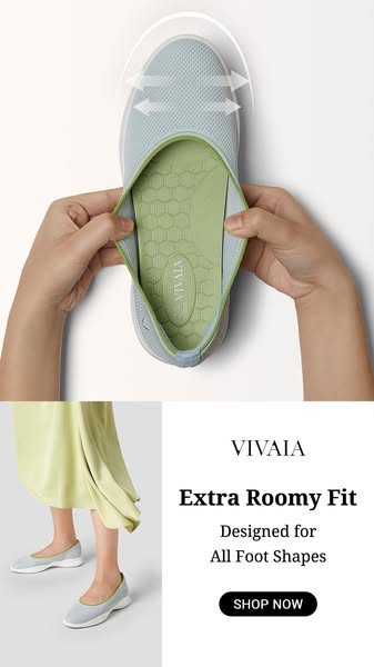 The image ad showcases Vivaia shoes designed for an extra roomy fit, highlighting its comfort and versatility for all fo