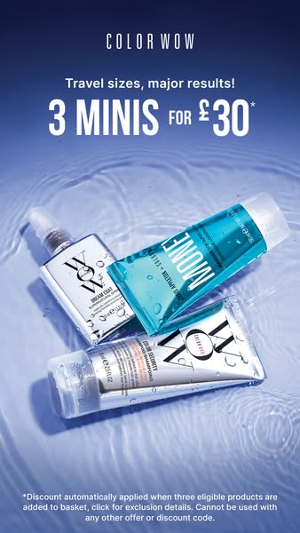 This ad by Color Wow promotes a deal for 3 mini-sized hair products. The offer highlights the convenience of travel size