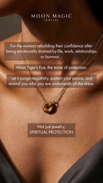 The ad features Moon Magic Jewelry, highlighting a tiger's eye stone necklace. The ad is targeted towards women rebu