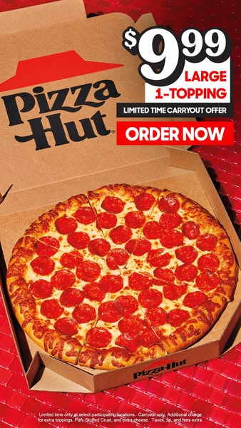 This image ad for Pizza Hut promotes a limited-time carryout offer for a large one-topping pizza at a discounted price.