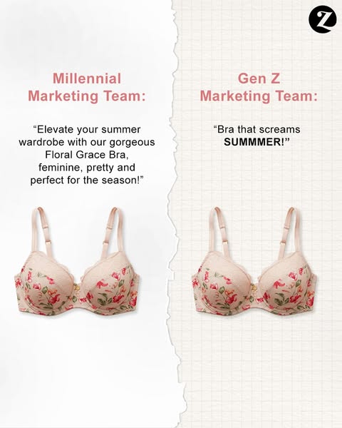 This ad uses a meme-style comparison to show how a Millennial marketing team might describe the Floral Grace Bra versus 