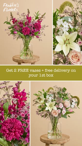 This image ad for Freddie's Flowers features a collage of images of flower bouquets arranged in glass vases. The ad 