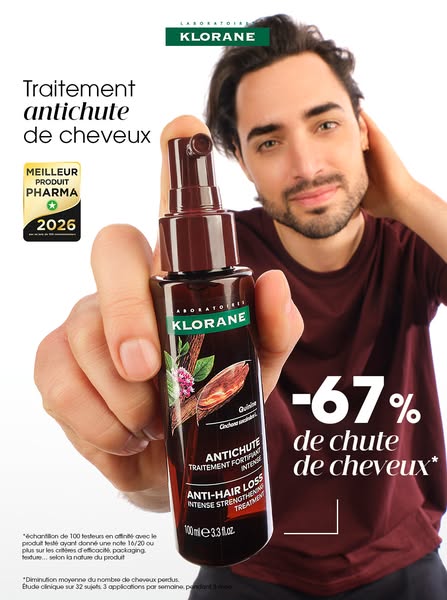 An image ad from Klorane promoting their anti-hair loss treatment, featuring a dark-haired man, presumably a user of the