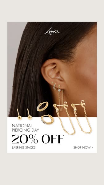 This image ad for Lovisa promotes a sale of 20% off earring stacks in celebration of National Piercing Day. The ad featu