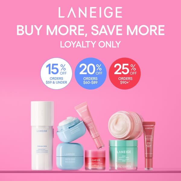Image ad promoting Laneige skincare products with tiered discounts for loyalty members based on purchase amount. A varie