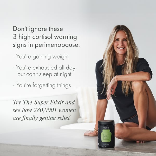 An image ad targeting women experiencing perimenopause. It presents three warning signs of high cortisol levels: weight 