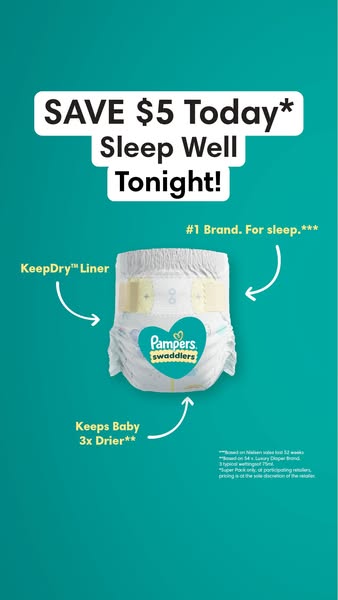 This ad promotes Pampers Swaddlers diapers, highlighting their features and offering a limited-time discount.
