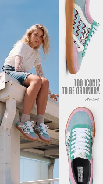 This image ad promotes Morrison shoes. It features a woman sitting on a rooftop wearing a pair of pastel-colored Morriso