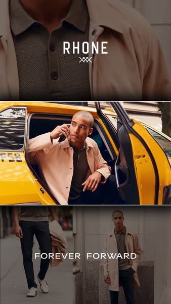 This ad for Rhone features a man exiting a taxi in a three-panel image. He is wearing Rhone apparel in all three section