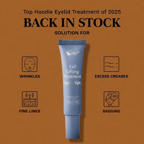 This ad is for City Beauty's Lid Lifting Treatment. It leads with the headline "Back In Stock", and then f